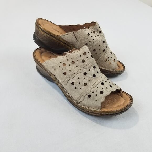 Josef Seibel Sandals Womens Size 41 Beige Taupe Leather Wedge Mule Slide Comfort - Picture 1 of 13